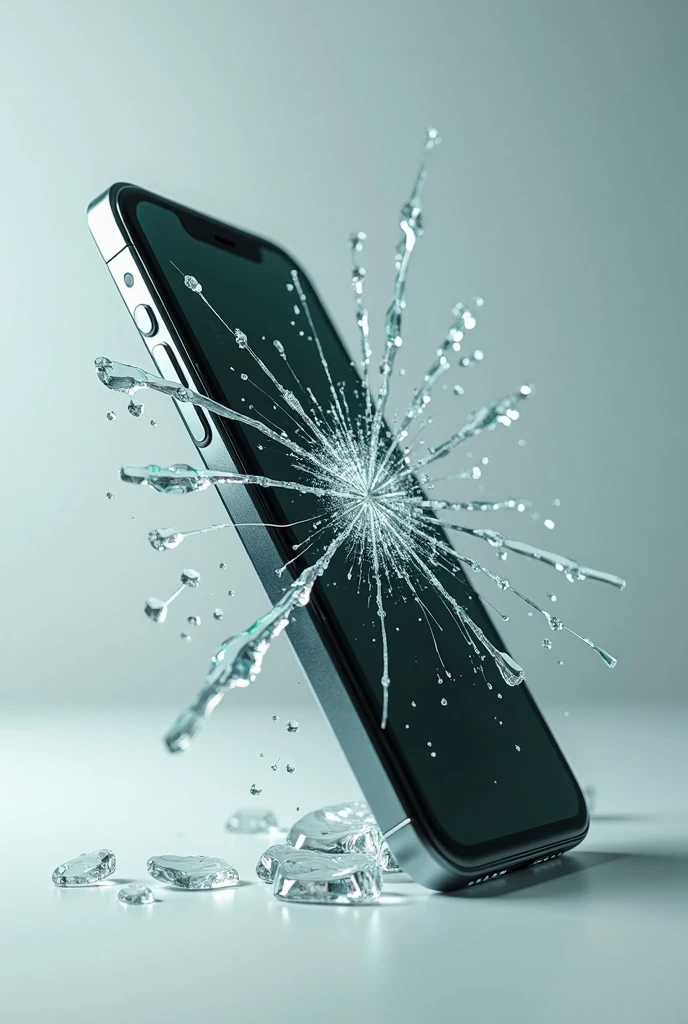 new tilted cell phone, with the screen breaking and shards of glass coming out