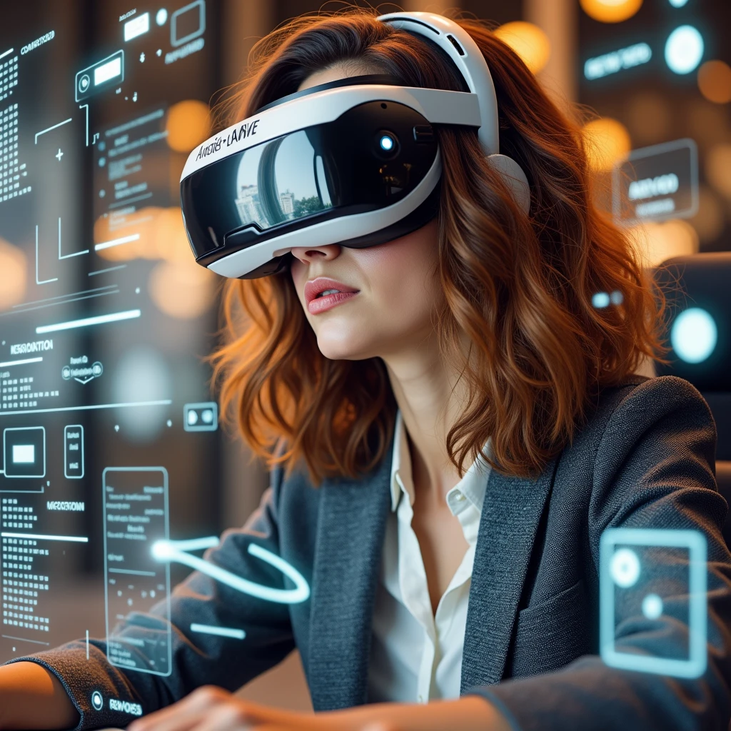 Create a photorealistic image of a young woman resembling Andy Allo, wearing a VR headset while working as a customer service representative in a futuristic setting. She has short, black hair and a warm skin tone. The woman is seated at a sleek desk with holographic interfaces surrounding her, indicating she is deeply focused on her tasks. Her posture and facial expression, visible beneath the headset, show intense concentration. The background includes a high-tech office space with large windows displaying a futuristic cityscape. The atmosphere should convey a sense of immersion and focus, with the VR technology enhancing her work environment.