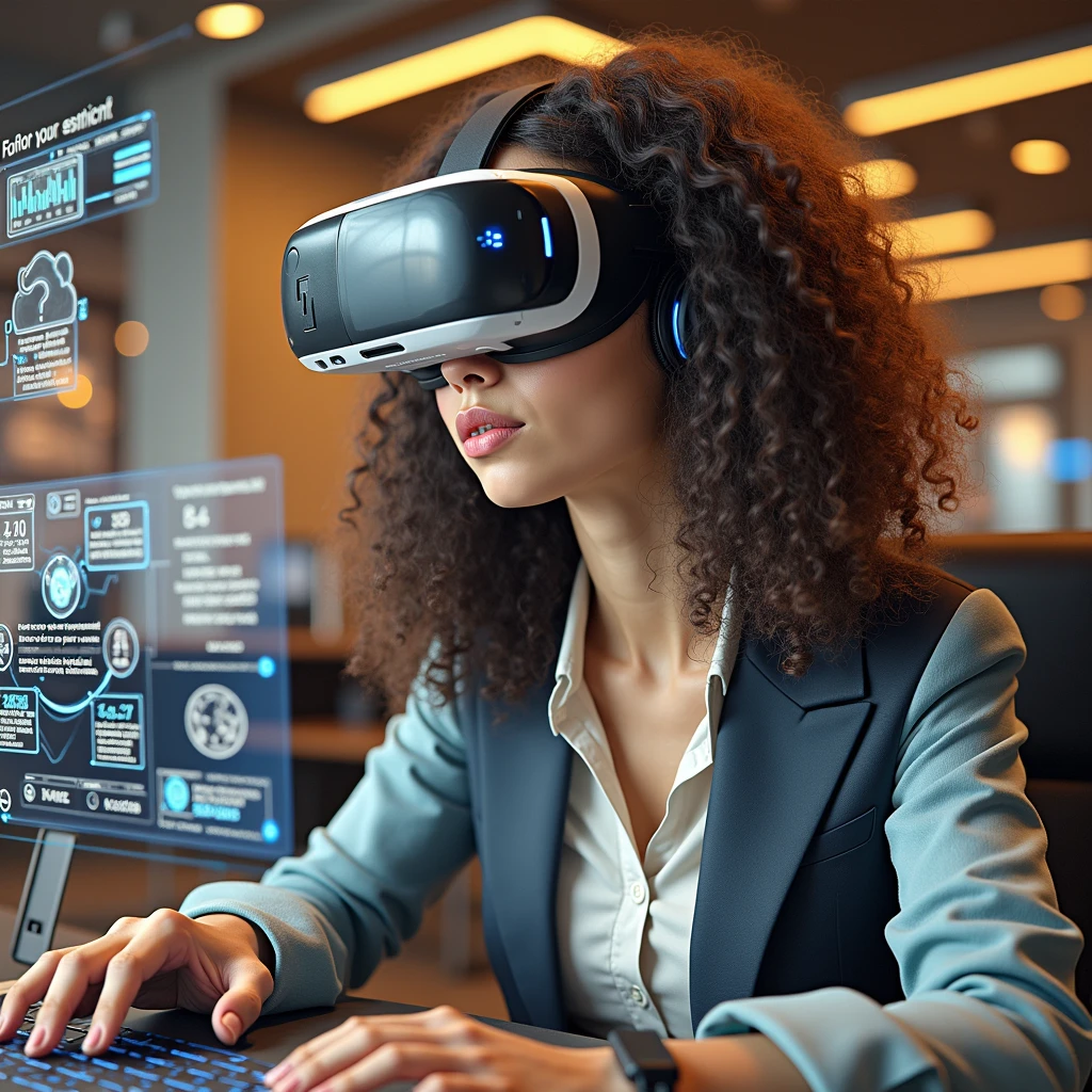 Create a photorealistic image of a young woman resembling Andy Allo, wearing a VR headset while working as a customer service representative in a futuristic setting. She has short, black hair and a warm skin tone. The woman is seated at a sleek desk with holographic interfaces surrounding her, indicating she is deeply focused on her tasks. Her posture and facial expression, visible beneath the headset, show intense concentration. The background includes a high-tech office space with large windows displaying a futuristic cityscape. The atmosphere should convey a sense of immersion and focus, with the VR technology enhancing her work environment.