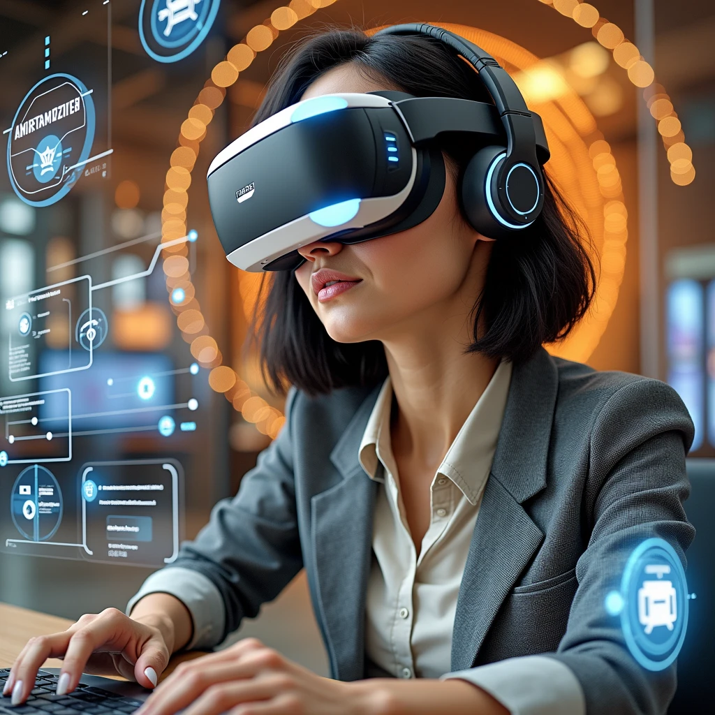 Create a photorealistic image of a young woman resembling Andy Allo, wearing a VR headset while working as a customer service representative in a futuristic setting. She has short, black hair and a warm skin tone. The woman is seated at a sleek desk with holographic interfaces surrounding her, indicating she is deeply focused on her tasks. Her posture and facial expression, visible beneath the headset, show intense concentration. The background includes a high-tech office space with large windows displaying a futuristic cityscape. The atmosphere should convey a sense of immersion and focus, with the VR technology enhancing her work environment.