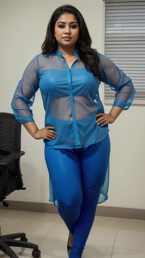 Day scene, A radiant, full-figured South Indian 3 aunty a blue colour chiffon fully transparent kurta, and leggings, ,standing, in a office captured in a full-body image with vibrant hues and meticulous details. Full body image