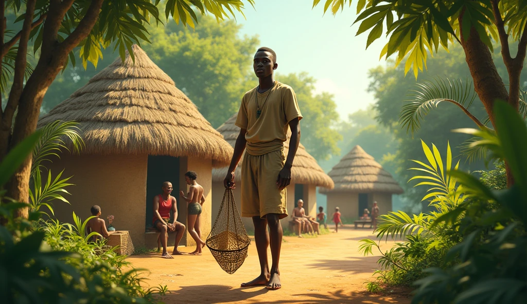 A small African village nestled in a lush green jungle with simple mud-brick huts and thatched roofs. People go about their daily tasks, with children playing and elders seated around a fire. Kofi, 30 years old,short hair, handsome fair skin man,a young fisherman with determined eyes, stands in the foreground. He is slender but looks brave, holding a simple fishing net, dressed in a loose shirt and shorts. The scene is bright and welcoming, with warm sunlight filtering through the trees.