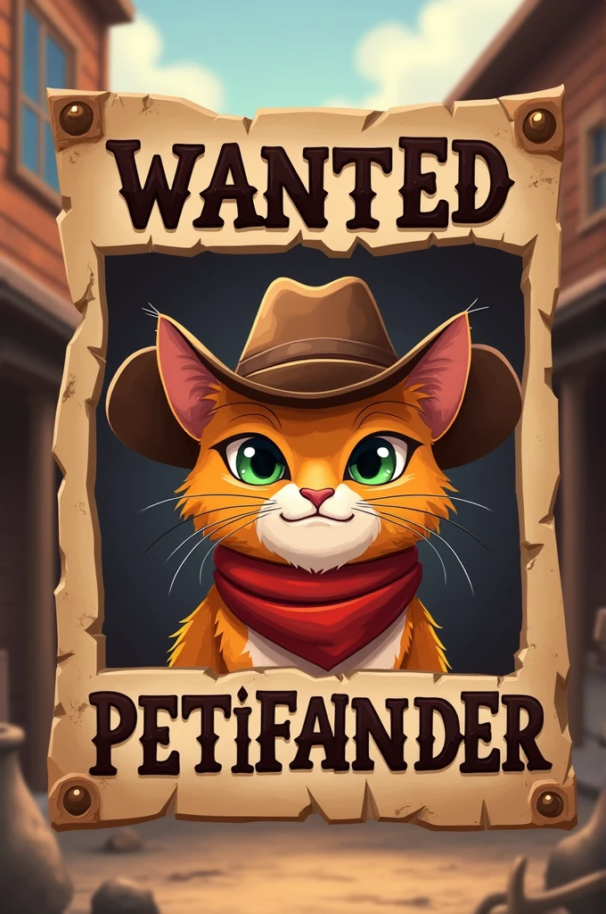 I would like a logo, based on the wanted catharses from american movies, but the wanted man is a cat with a mischievous face and a typical old west hat, the name of the app is petifainder