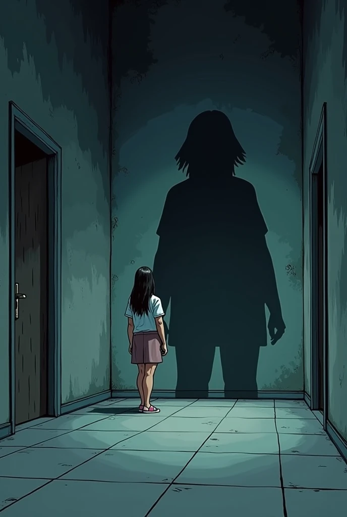 You can create a comic-like image following this text:The room is now empty, but the shadow of a sinister figure is seen on the wall behind Sarah.