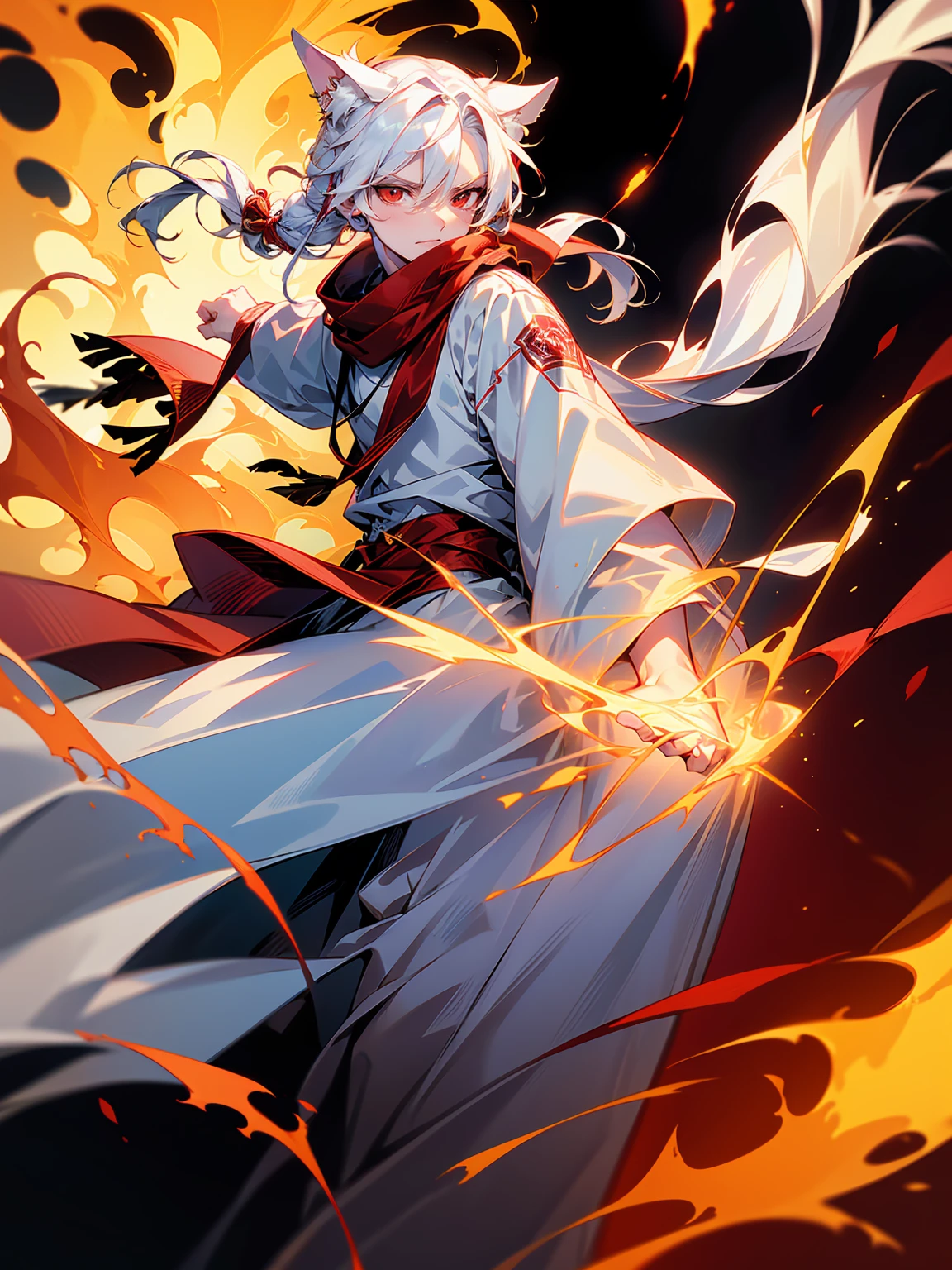 1male, Adult, Long White Hair, White Baggy Long Sleeve Shirt, Baggy Black Pants, Red Eyes, Red Scarf, Earring, Masculine, Dog Ears, Surrounded By Flames, Single Hair Braid