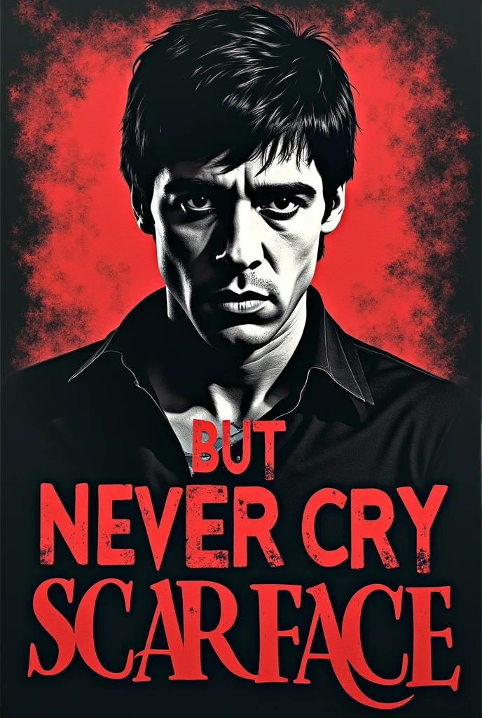 make a shirt with the phrase but never cry in english and add some tony montana make it on a shirt

