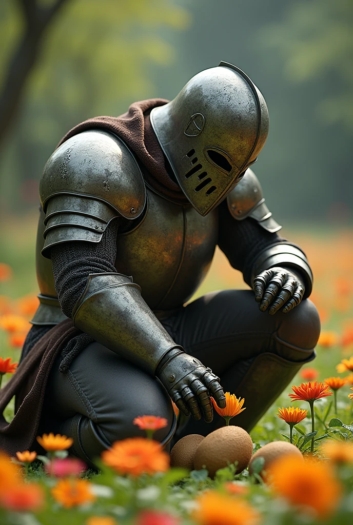 Medieval warrior with helmet covering his entire face (minute details in the armor which is of a general), on your knees and slightly crouched, leaning on his sword,  looking at a kiwi and touching its head with the tip of his index finger of his left hand, that the warrior is in 3/4 in a field of flowers