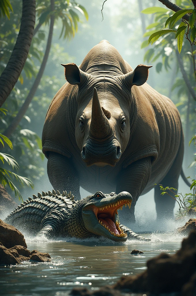 A rhinoceros with a crocodile