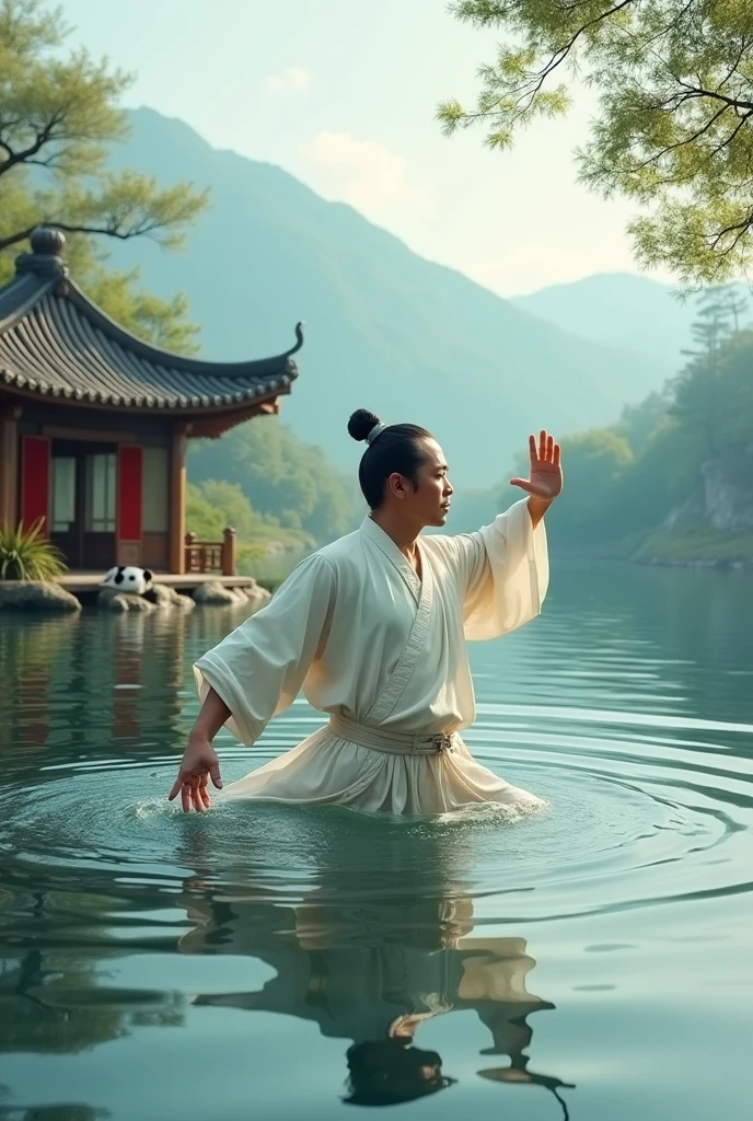 Chinese man training in the calm and clear waters of China with a house made of bamboo and a panda around
