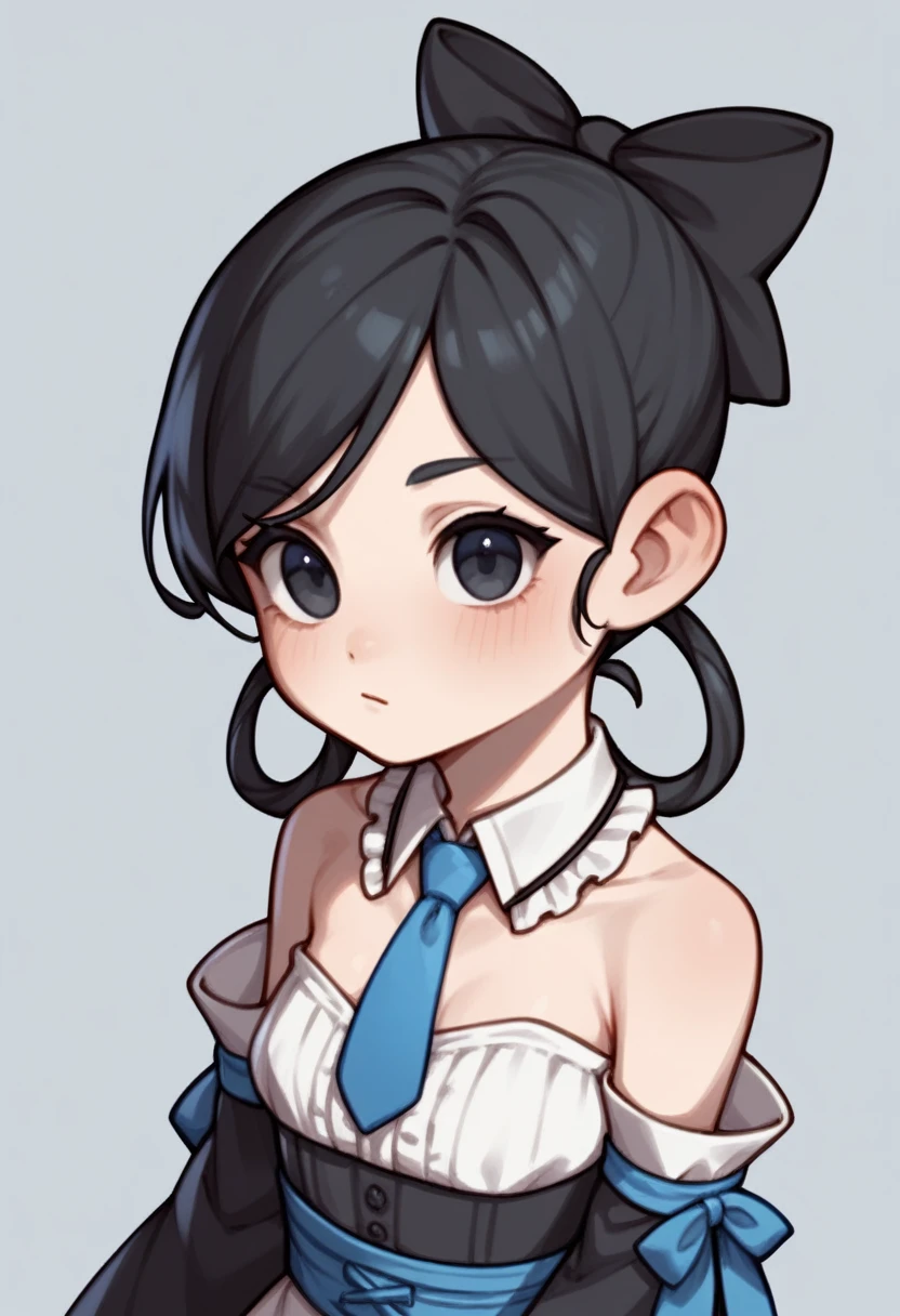 1girl, solo, Cinna black hair, black eyes, hair rings, hair bow, black bow, (cinnamoroll, tied ears), black sleeves, bare shoulders, blue necktie, wide sleeves, collared shirt, detached sleeves, necktie, blue necktie, frilled collar, cute, hair_behind_ear, (chibi_style:1.2),