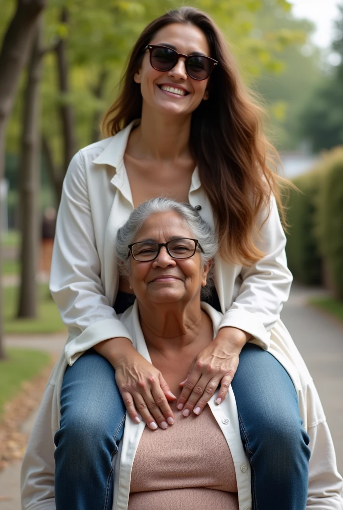 Create a photo of a 20 year old young woman, with a slender and beautiful body, wearing jeans and an open white shirt, with white and clear skin, with long brown hair and wearing sunglasses being carried on the shoulders of a 90 year old elderly lady, obese, who has dark black skin and is wearing a dress and glasses