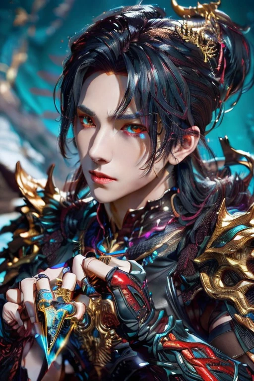 (Best Quality, 8K, Masterpiece, HDR, Soft Lighting, Picture Perfect, Realistic, Vivid), Male Humanoid Dragon (1.0),9 halo ring at back,circle shape ring at back super detailed,1 Guy, (((male))),light red lips, Perfect Face, Super Detailed Photo of a Magnificent Humanoid Dragon man with long black obsidian hair,red crimson eyes,red crimson eyes,eyes detailed,super ultra detailed eyes,reality eyes look((no noice)),pure purple and black dominant color armour,Beautiful anime fantasy, background blur, anime fantasy, Gouves style work, realistic: 1.37, long black obsidian hair, full lips, (((Curvy guy))), (Ultra high quality fantasy art) , Masterpiece , male model, ultra high quality male character designs, detailed 8k anime art, realistic anime art, highest quality wallpapers, intricate ultra high quality accurate male characters faces, red golden engraving runes lines on forehead((read about shape of runes and golden line shape of runes)),forehead detailed,high quality design and accurate physics (fantasy - ultra high quality) art) , dark  fantasy style), masterpieces, super high-quality characters, anime resolution - 8K, realistic anime art, wallpapers with the highest quality illustrations, ultra-high detail of faces, high-quality design and accurate physics), color, depth of field, shadows, ray tracing, high quality execution. -high quality and 8K resolution, (Accurate simulation of the interaction of light and materials)], [High-quality hair detail [Read more about beautiful and shiny black obsidian hair]], (Beautifully detailed hands [perfect fingers [Perfect nails]]], (perfect anatomy ( perfect proportions)))) [[Full height]], [Perfect combination of colors (Accurate imitation of the interaction of light and material)], [art that conveys the meaning of the story](modified)