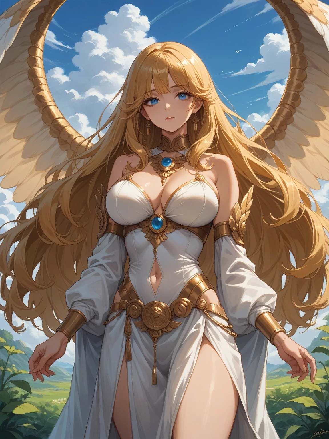Masterpiece, very detailed, ultra-detailed, one, female goddess, beautiful woman, beautiful woman - nice skin, long golden hair and long bangs, bright blue eyes, 6 white wings of Seraphim, and white women’s Greek clothes and a light nimp above the head, with big breasts(huge), a lush and soft body, clouds and a white background around it