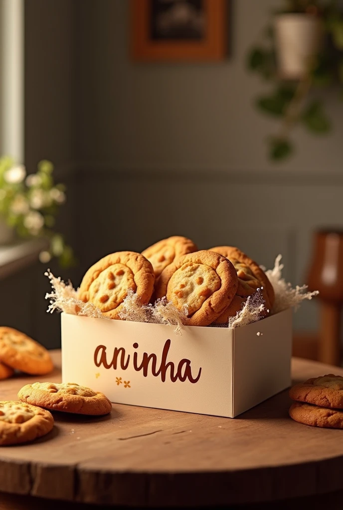 Box of cookies on a table , with the brand called aniinha.