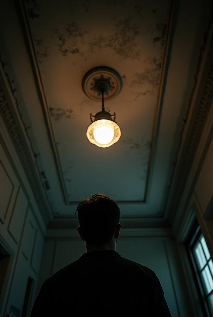 First person photo looking from afar at a ceiling with a half-old ceiling lamp