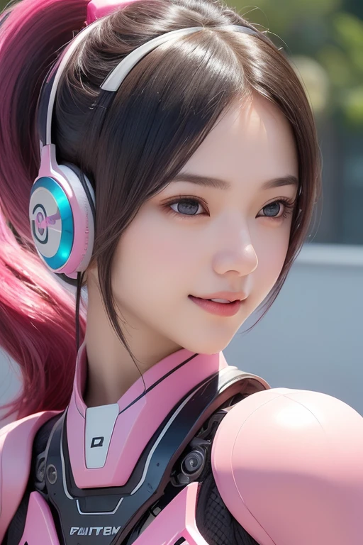 Top Quality, Masterpiece, Ultra High Resolution, (Photorealistic: 1.4), Raw Photo, 1 Girl, Black Hair, Glossy Skin, 1 Mechanical Girl, (((Ultra Realistic Details)), Portrait, Global Illumination, Shadows, Octane Rendering, 8K, Ultra Sharp, Intricate Ornaments Details, realistic skin, sweat effect, ((wearing Headphone)), very intricate detail, realistic light, CGSoation trend, brown eyes, glowing eyes, matte pink and glossy pink mechanical bodysuit, Long hair, black hair, Ponytail hair, full body shot, spaceship bridge background, dynamic pose, cute smile, close up,