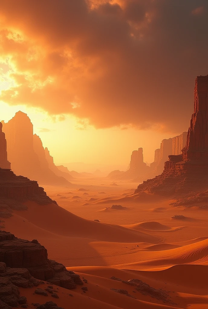  A vast, endless desert stretches out in all directions. The sky is a fiery orange, and the air is thick with the heat of the sun. Sand dunes tower over the landscape, their peaks shifting and changing with the wind.