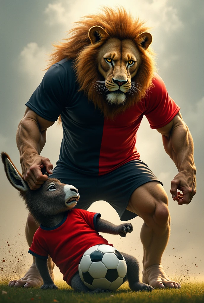 A lion wearing a black and red soccer jersey split in half vertically. The lion stomping on a donkey wearing a red jersey.