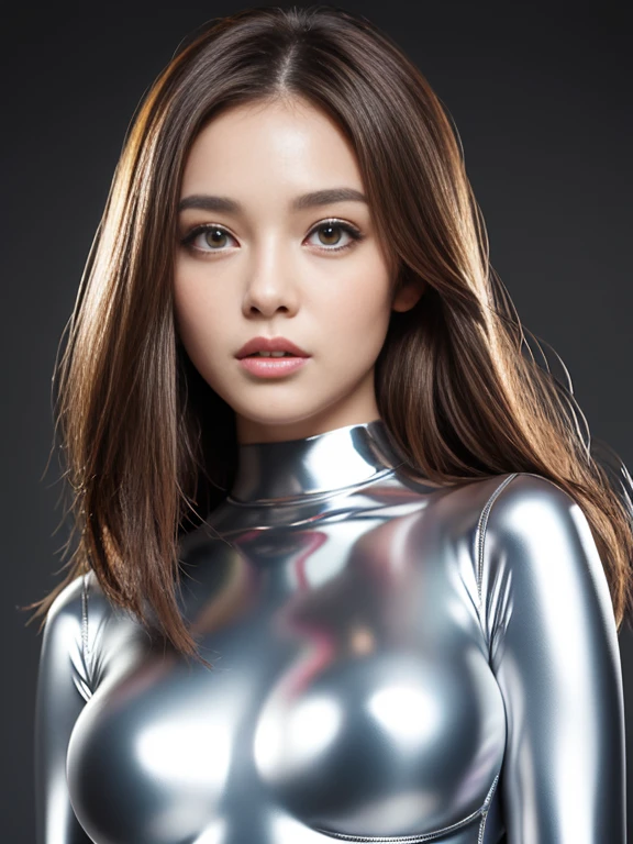 Realistic, Realism, 16K quality, (Very absurd quality, Very detailed detail, Hyper Resolution, Crisp and sharp focus, Not blurry, (realistic brown_eye:1.35)), (Very detailed, Beautiful little nose:1.2), (Perfect composition), Written boundary depth, Cinematic Light, (Very beautiful face, Beautiful Lips , Beautiful eye), Exquisitely detailed face, best high quality real texture skin:1.3, Woman with velvet skin:1.33), ((best high quality real texture hair)), (A mix of blonde and red), (Medium Straight Hair), (Very detailed:1.38), Photos of the most beautiful works of art in the world, Professional photography, Portrait taken with a digital SLR, Soft lighting, high quality, dramatic, (Anatomically correct, Perfect Proportions), ((Perfect hands:1.2)), (Super beautiful face: 1.33), ((Perfect female body:1.4)), cute, ((Firm and full breasts)), (the most absurd quality perfect eye:1.35), ((Super beautiful cute sharp face)), (Light pale complexion), Transparent color PVC (Ultra Shiny Gold Transparent Holographic Full Bodysuit:1.3) , Ultra tight fitting bodysuit with ultra reflective surface, ((Upper Body Shot)), (Browsing Caution:1.3) (naked, Nipples, naked feet), 