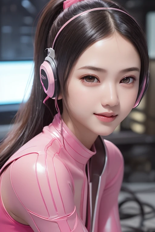 Top Quality, Masterpiece, Ultra High Resolution, (Photorealistic: 1.4), Raw Photo, 1 Girl, Black Hair, Glossy Skin, 1 Mechanical Girl, (((Ultra Realistic Details)), Portrait, Global Illumination, Shadows, Octane Rendering, 8K, Ultra Sharp, Intricate Ornaments Details, realistic skin, sweat effect, ((wearing Headphone)), very intricate detail, realistic light, CGSoation trend, brown eyes, glowing eyes, matte pink and glossy pink mechanical bodysuit, Long hair, black hair, Ponytail hair, full body shot, spaceship bridge background, dynamic pose, cute smile, close up,