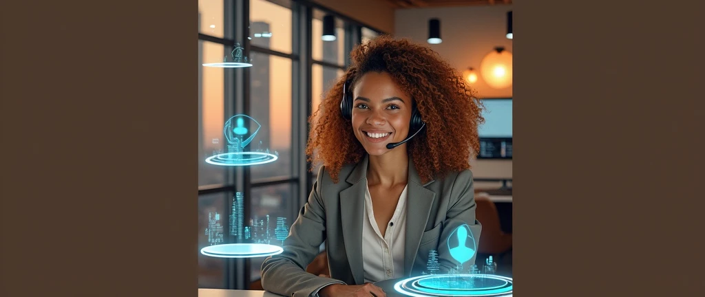 Create an image of a young woman resembling Andy Allo, working as a customer service representative in a futuristic setting. She has medium-length, curly hair with a golden brown hue and a warm skin tone. She is wearing a casual yet professional outfit, like a fitted jacket over a simple blouse. The setting around her is a high-tech office space with holographic screens and digital interfaces floating around her. She is seated at a sleek desk with a headset on, and her expression is focused yet approachable, capturing the charm and elegance similar to Andy Allo. The background features large windows showing a cityscape with tall buildings and a bright, clear sky.