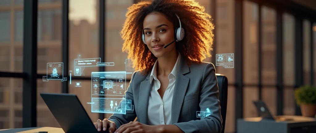 Create an image of a young woman resembling Andy Allo, working as a customer service representative in a futuristic setting. She has medium-length, curly hair with a golden brown hue and a warm skin tone. She is wearing a casual yet professional outfit, like a fitted jacket over a simple blouse. The setting around her is a high-tech office space with holographic screens and digital interfaces floating around her. She is seated at a sleek desk with a headset on, and her expression is focused yet approachable, capturing the charm and elegance similar to Andy Allo. The background features large windows showing a cityscape with tall buildings and a bright, clear sky.