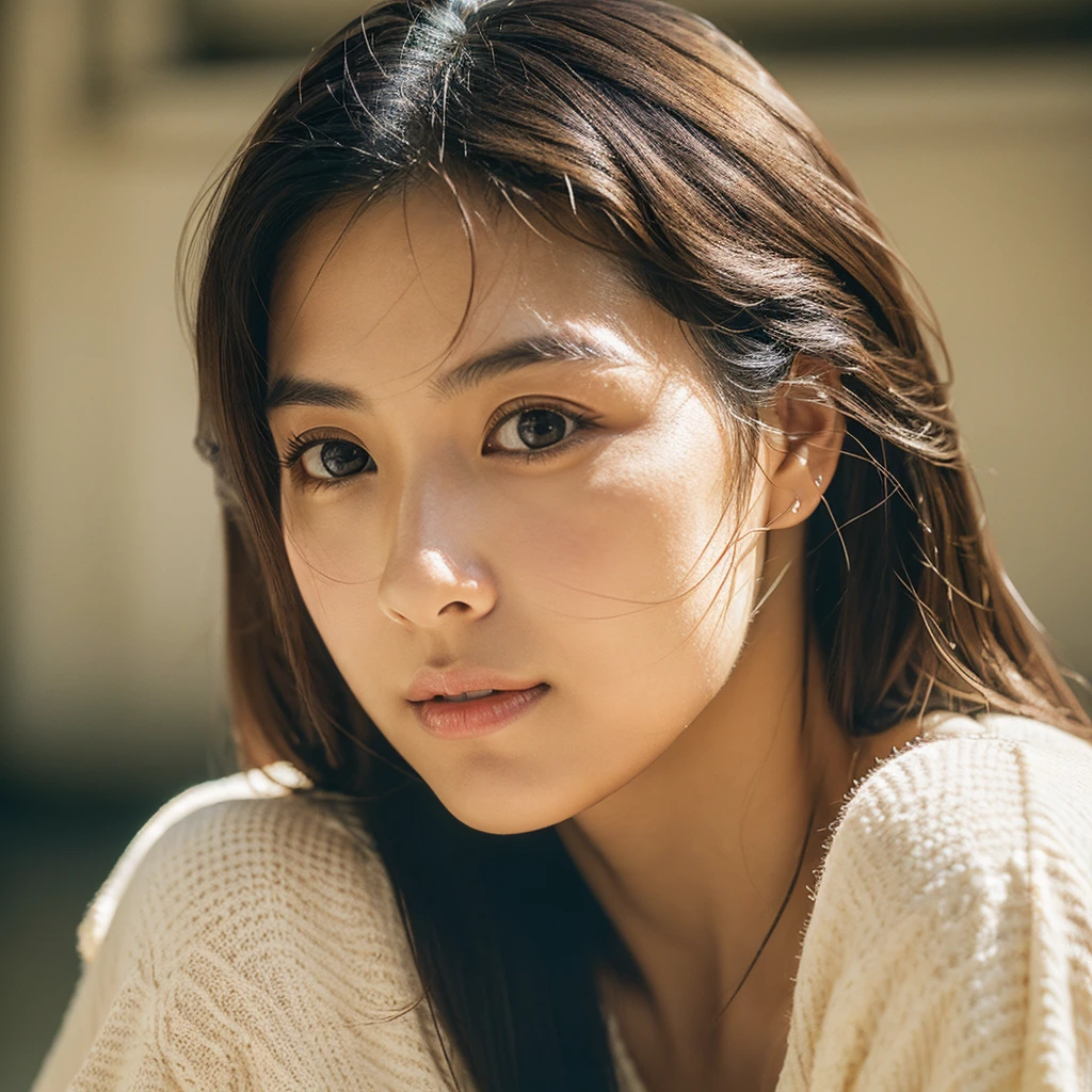 A hyper-realistic image of a single Japanese woman in her early 20s, captured with the nostalgic warmth and subtle graininess of a film camera. Her skin has a warm beige tone with a natural, slightly rough texture that includes visible pores, fine lines, and subtle imperfections such as small blemishes, adding to the authenticity of her appearance. The soft, diffused natural light enhances the film-like quality, casting gentle shadows that create a timeless, organic feel. Her straight, glossy black hair frames her face in a natural, slightly tousled manner, and her deep brown eyes reflect the ambient light, adding depth and emotion. The film camera effect introduces a slight grain and a softer focus, giving the image a warm, nostalgic atmosphere while maintaining the realistic texture of her skin. She is dressed simply, in a way that complements her natural beauty, with the overall composition designed to evoke a sense of genuine, understated elegance. The use of natural light, combined with the deliberately rougher texture of her skin and the film-like qualities, ensures that this image captures the imperfections that make her beauty truly lifelike, focusing solely on this one individual.