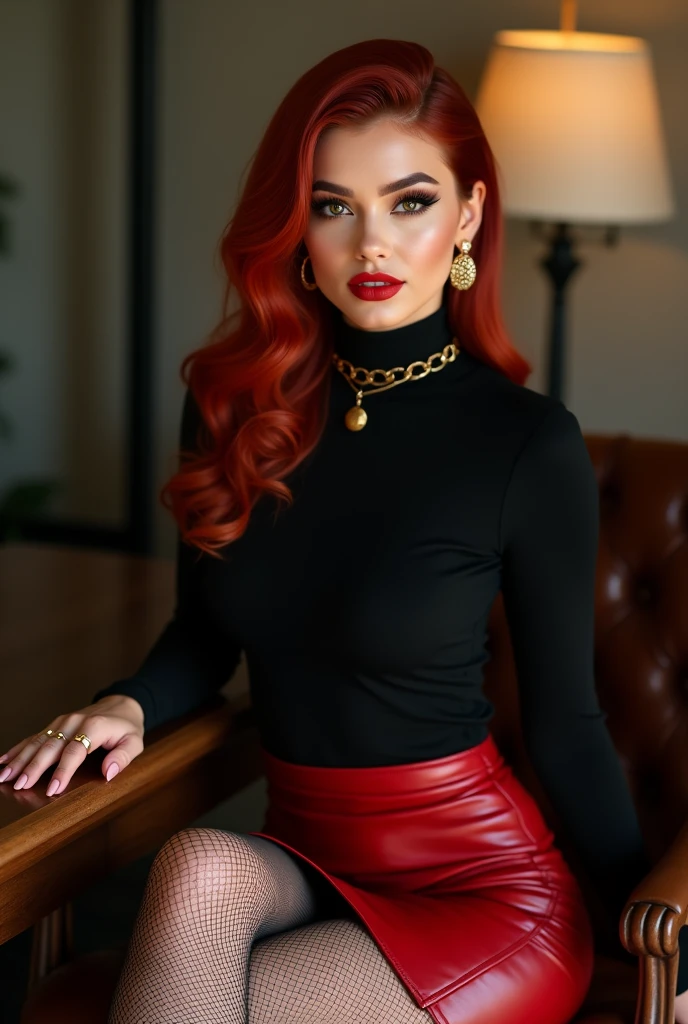A woman (Best Quality:1.4), 33 years BREAK,(Red hair:1.3),(slicked back hair:1.3),full lips, make up, BREAK,( Brown eyes), choker, hoop rings, BREAK,(black turtleneck sweater with long sleeves:1.3), normal breasts, and butt Very sensual 3 woman , harmonic body. Supposed,BREAK,(Red hair:1.3),(slicked back hair:1.3),full lips, make up, BREAK,( Brown eyes), choker, hoop rings, BREAK,(black v-neck sweater with long sleeves:1.3), normal breasts,wifes,(long nails:1.4), BREAK (red leather skirt:1.3), lace pantyhose,High heels,sit behind the desk,