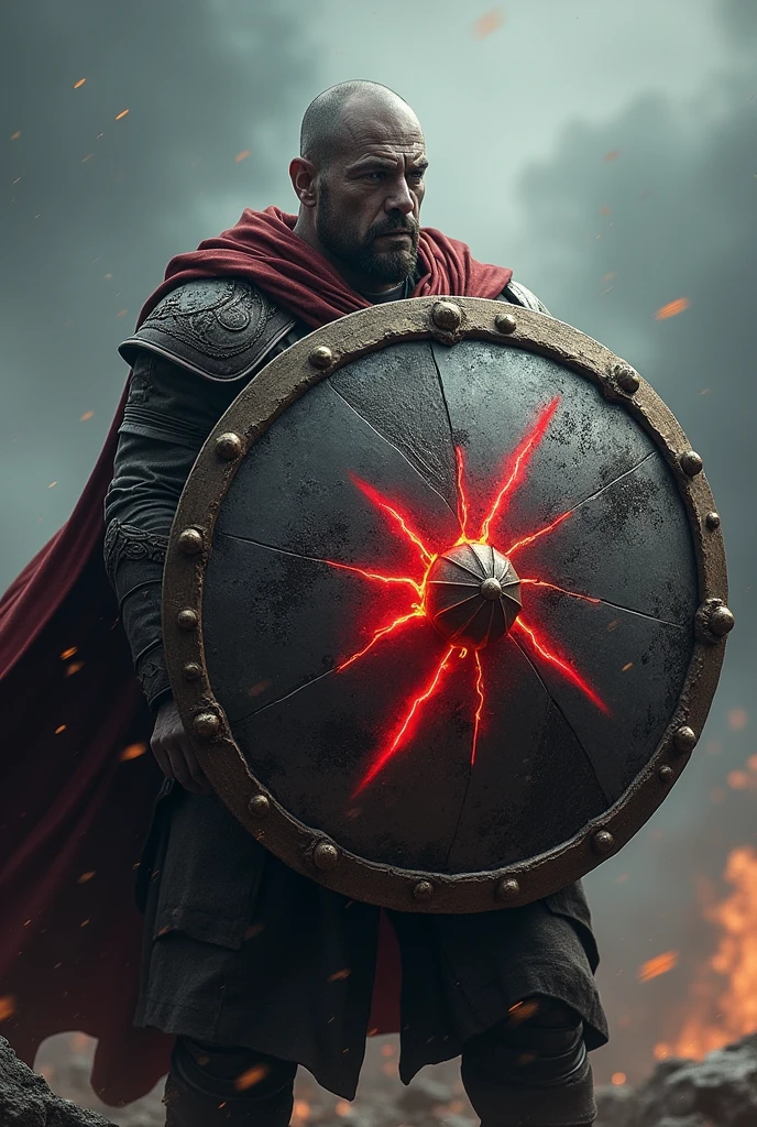 Make a round shield with a dagger and a red lightning bolt on it.