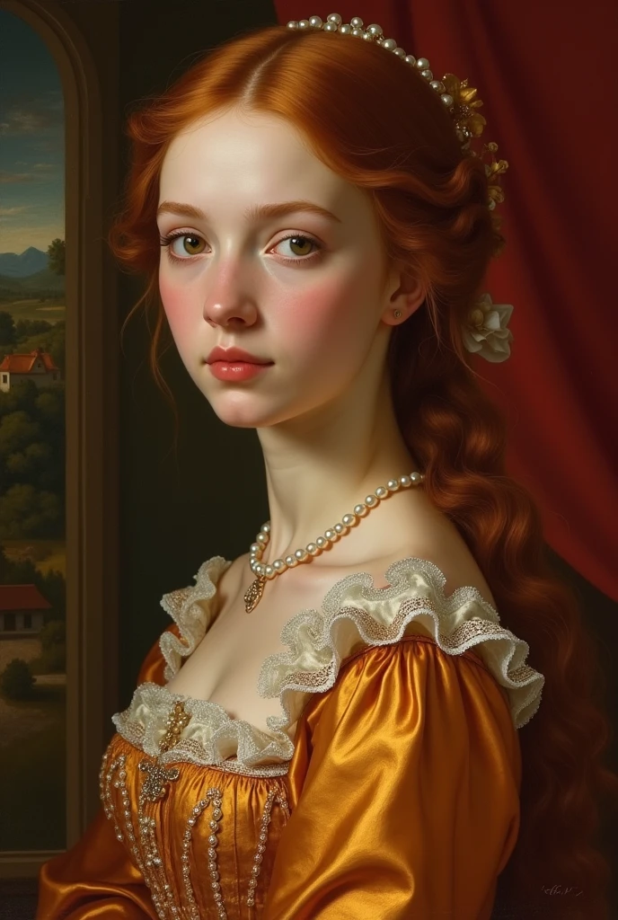Create a Renaissance painting of how you imagine me using warm colors and a silk dress with pearls: I have eyes with a droopy shape and the color is hazel., very white skin, sharp, half-European nose, round face cheeks and thin chin with a dimple, wavy hair with a very yellowish and dark red color and a mouth with a well-defined Cupid's bow, small and a little fleshy and an eyebrow with few hairs and sparse. A slightly fat girl with a chubby eyelid. Smaller eyes and she is 1