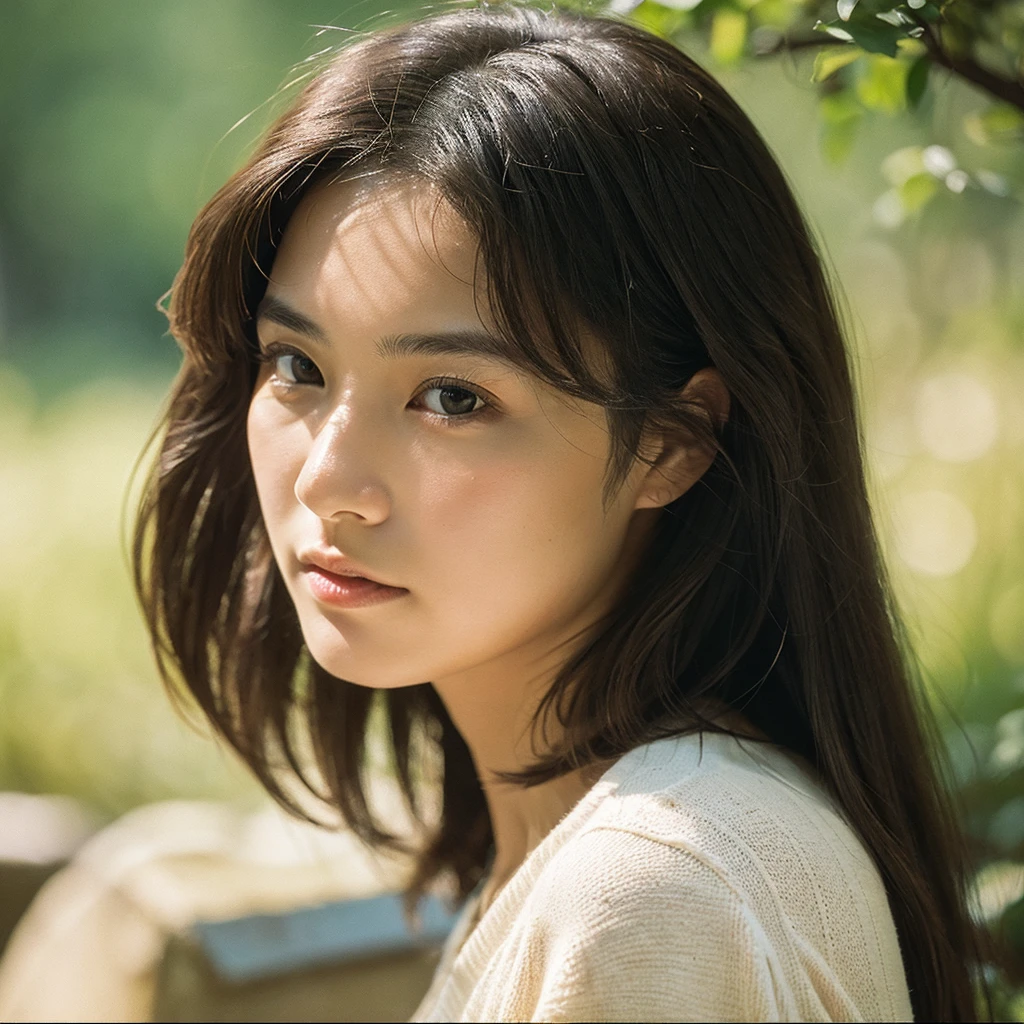 A hyper-realistic image of a single Japanese woman in her early 20s, captured with the nostalgic warmth and subtle graininess of a film camera. Her skin has a warm beige tone with a natural, slightly rough texture that includes visible pores, fine lines, and subtle imperfections such as small blemishes, adding to the authenticity of her appearance. The soft, diffused natural light enhances the film-like quality, casting gentle shadows that create a timeless, organic feel. Her straight, glossy black hair frames her face in a natural, slightly tousled manner, and her deep brown eyes reflect the ambient light, adding depth and emotion. The film camera effect introduces a slight grain and a softer focus, giving the image a warm, nostalgic atmosphere while maintaining the realistic texture of her skin. She is dressed simply, in a way that complements her natural beauty, with the overall composition designed to evoke a sense of genuine, understated elegance. The use of natural light, combined with the deliberately rougher texture of her skin and the film-like qualities, ensures that this image captures the imperfections that make her beauty truly lifelike, focusing solely on this one individual.