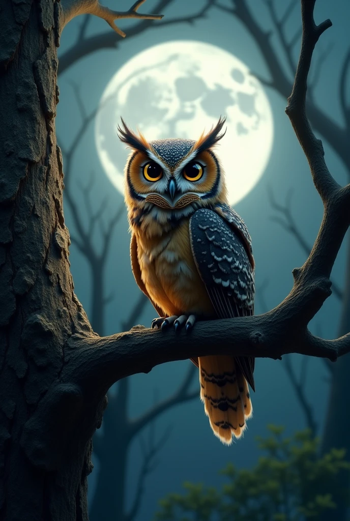 A wise old owl perched on a tree branch during a full moon night.