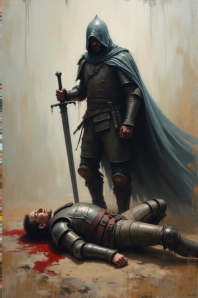 A rough oil paint of a warrior laying dead with his opponent standing
