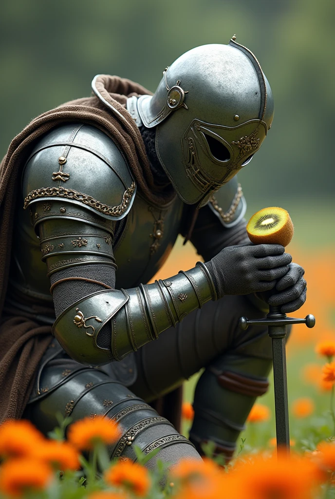 Medieval warrior with helmet covering his entire face (minute details in the armor which is of a general), on your knees and slightly crouched, leaning on his sword, looking at a kiwi and touching its head with the tip of his index finger of his left hand, that the warrior is in 3/4 in a field of flowers