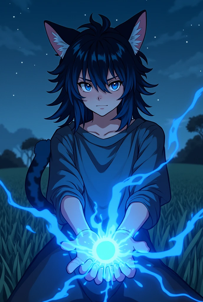 Boy between 14 and with long black hair reaching the nape of the neck, layered, with black spotted leopard ears and tail, with male personality controlling dark blue glowing rays in starry night meadow in anime style