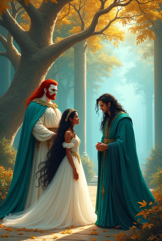 Caramel-skinned princess with long black hair and vibrant blue eyes, dressed in a wedding dress and a turquoise crown. Beside her is the king with long red hair and white skin., orange eyes and muscular. He wears a turquoise colored outfit. On the other side of her is a prince with long black hair., wearing dark robes and smiling mischievously at the princess. The background is a huge turquoise palace and golden leaves fall from the clear blue sky.. There is a forest in the background with a huge golden tree shining. Realistic illustration like fairy tales
