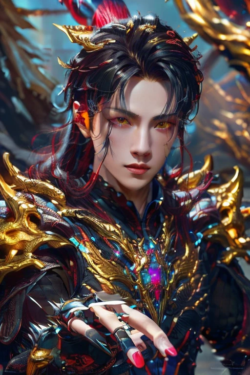 (Best Quality, 8K, Masterpiece, HDR, Soft Lighting, Picture Perfect, Realistic, Vivid), Male Humanoid Dragon (1.0),9 halo ring at back,circle shape ring at back super detailed,1 Guy, (((male))),light red lips, Perfect Face, Super Detailed Photo of a Magnificent Humanoid Dragon man with long black obsidian hair,red crimson eyes,red crimson eyes,eyes detailed,super ultra detailed eyes,reality eyes look((no noice)),pure purple and black dominant color armour,Beautiful anime fantasy, background blur, anime fantasy, Gouves style work, realistic: 1.37, long black obsidian hair, full lips, (((Curvy guy))), (Ultra high quality fantasy art) , Masterpiece , male model, ultra high quality male character designs, detailed 8k anime art, realistic anime art, highest quality wallpapers, intricate ultra high quality accurate male characters faces, red golden engraving runes lines on forehead((read about shape of runes and golden line shape of runes)),forehead detailed,high quality design and accurate physics (fantasy - ultra high quality) art) , dark  fantasy style), masterpieces, super high-quality characters, anime resolution - 8K, realistic anime art, wallpapers with the highest quality illustrations, ultra-high detail of faces, high-quality design and accurate physics), color, depth of field, shadows, ray tracing, high quality execution. -high quality and 8K resolution, (Accurate simulation of the interaction of light and materials)], [High-quality hair detail [Read more about beautiful and shiny black obsidian hair]], (Beautifully detailed hands [perfect fingers [Perfect nails]]], (perfect anatomy ( perfect proportions)))) [[Full height]], [Perfect combination of colors (Accurate imitation of the interaction of light and material)], [art that conveys the meaning of the story](modified)