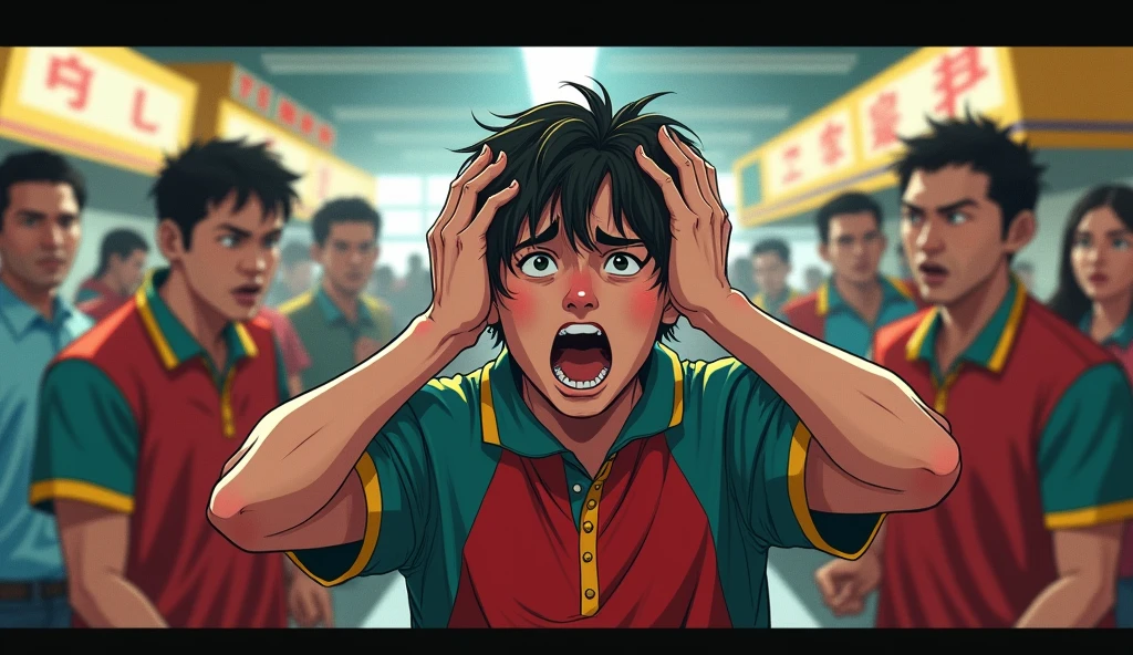 A realistic illustration, a young man all unkempt, with boy uniform, red and teal and yellow, screaming looking at the security camera that films 360° image, with both hands on the head pulling the hair, coworkers in the same uniform trying to calm him down, customers looking at him worriedly in the background. This image should simulate the security camera image..