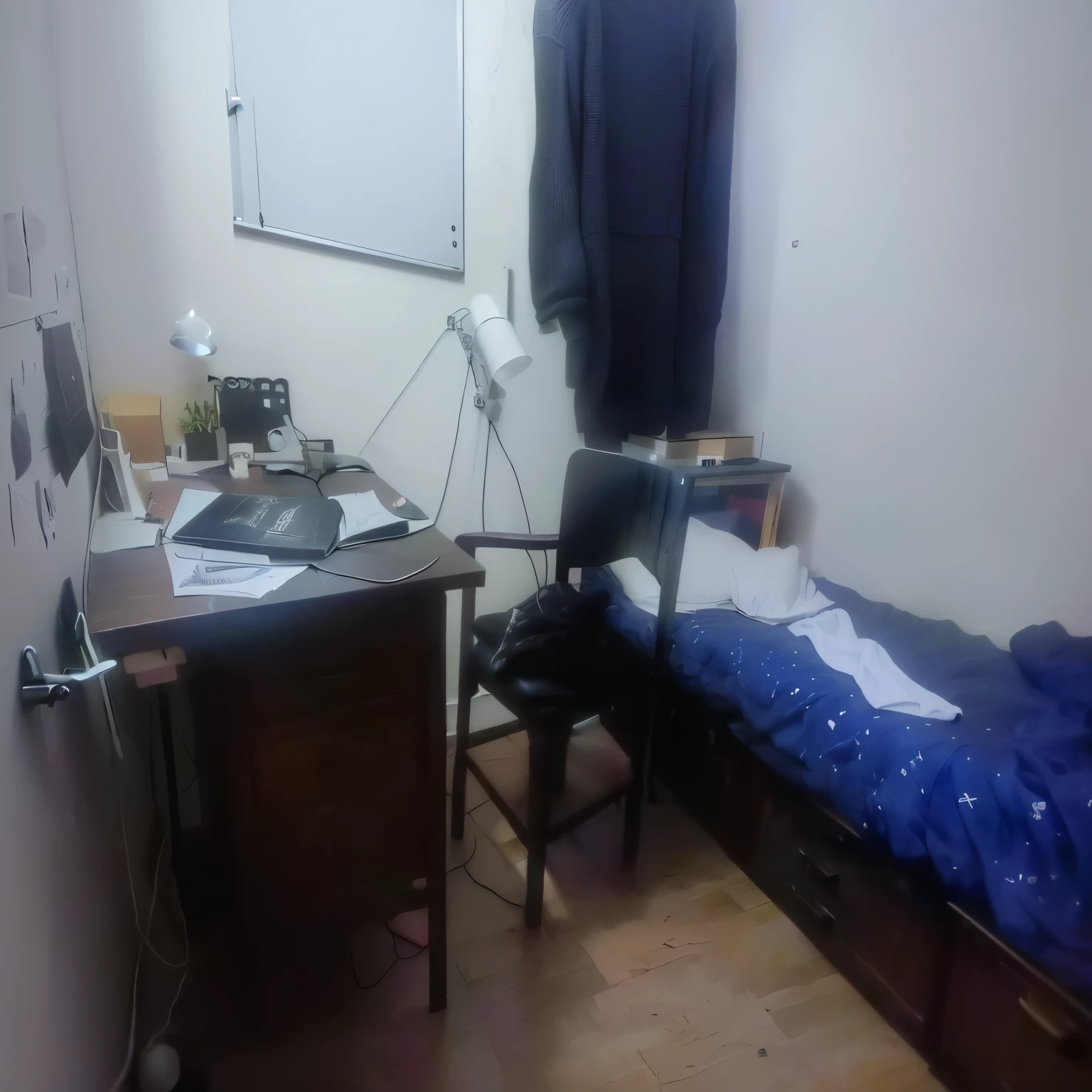 there is a small bed and a desk in a small room, studyng in bedroom, furnished room, in small room, dirty room, room with eerie feeling, big spatious room, small room, apartment of an art student, interior of a small room, small and cosy student bedroom, room shot, inside of a bedroom, dim bedroom, very coherent image