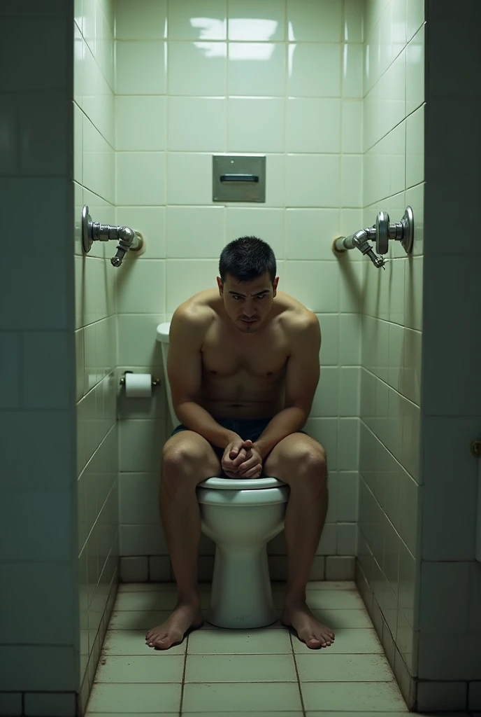 sitting on the toilet pooping in the public bathroom