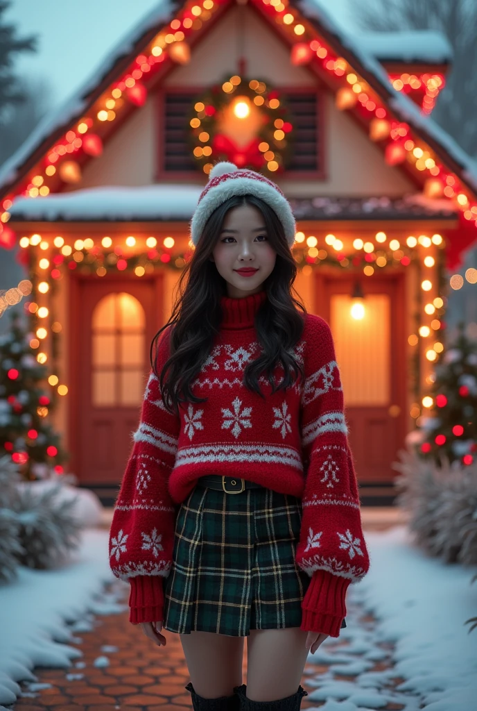 8k Beautiful Asian woman, wearing Christmas clothes, behind a decorated Christmas house, with red and white neon lights