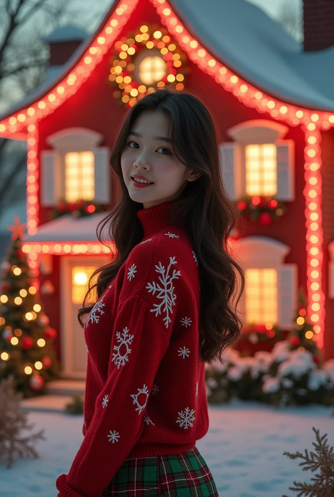 8k Beautiful Asian woman, wearing Christmas clothes, behind a decorated Christmas house, with red and white neon lights