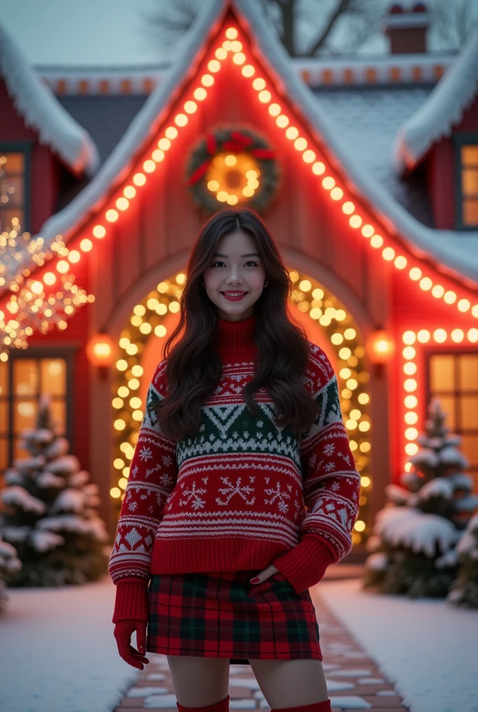8k Beautiful Asian woman, wearing Christmas clothes, behind a decorated Christmas house, with red and white neon lights