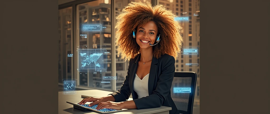 Create an image of a young woman resembling Andy Allo, working as a customer service representative in a futuristic setting. She has medium-length, curly hair with a golden brown hue and a warm skin tone. She is wearing a casual yet professional outfit, like a fitted jacket over a simple blouse. The setting around her is a high-tech office space with holographic screens and digital interfaces floating around her. She is seated at a sleek desk with a headset on, and her expression is focused yet approachable, capturing the charm and elegance similar to Andy Allo. The background features large windows showing a cityscape with tall buildings and a bright, clear sky.