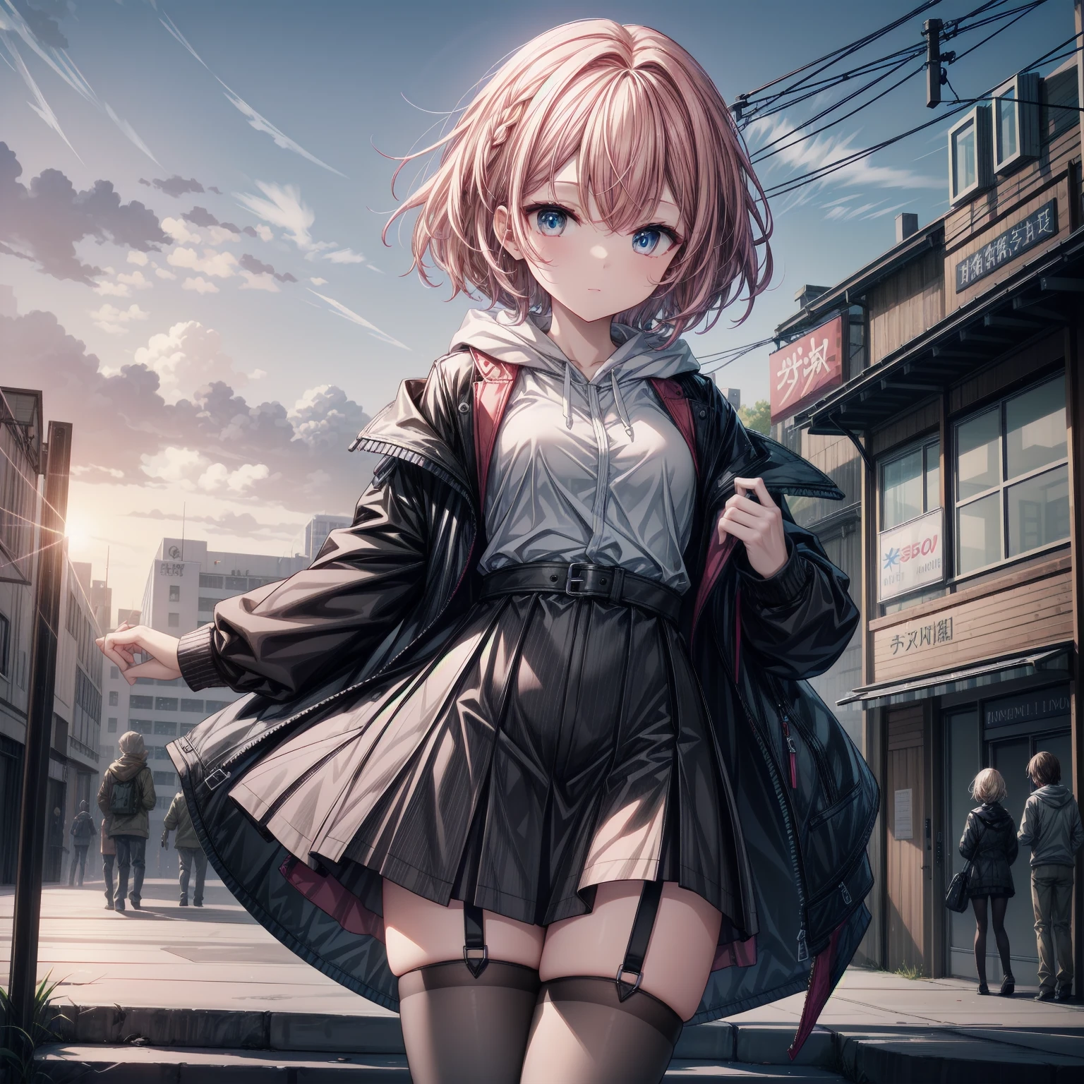 anime, Highest quality, masterpiece, High resolution, stylish, One person, , Short Bob, Weapons in one hand, Full Bang, Small breasts, Beautiful attention to detail, Food Up, hoodie, Ultra mini skirt, Pleated skirt, Thigh-high stockings, garter belt, In town, sunset, Outdoor, 非常にHigh resolution, so beautiful, 8k, cute
