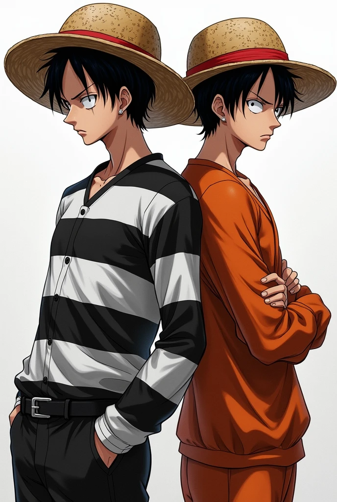 Monkey D. Luffy in a black and white striped long-sleeved prison uniform and Monkey D. .... Luffy in orange long sleeve prison uniform Original anime One Piece