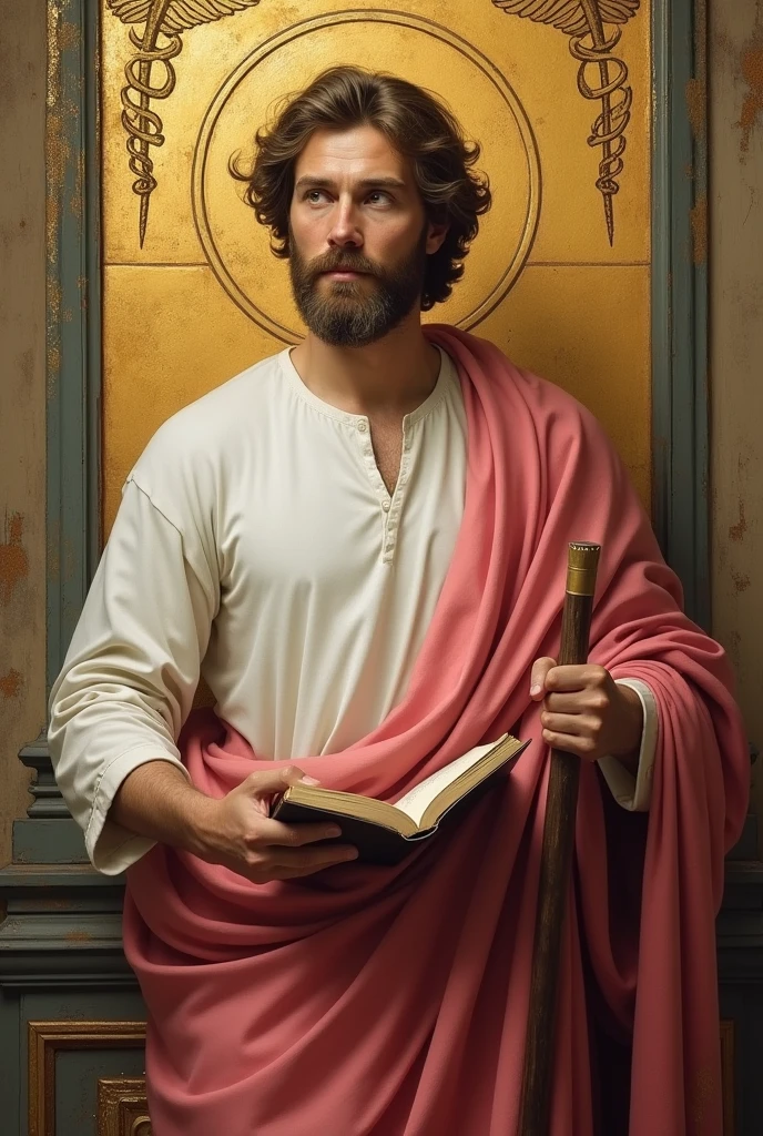 apostle saint matthew, patron of accounting, with a white tunic and a pinkish red cloak, with his book in his left hand, holding your staff, E no fundo, a golden wall with a caduceus symbol painted on the side.