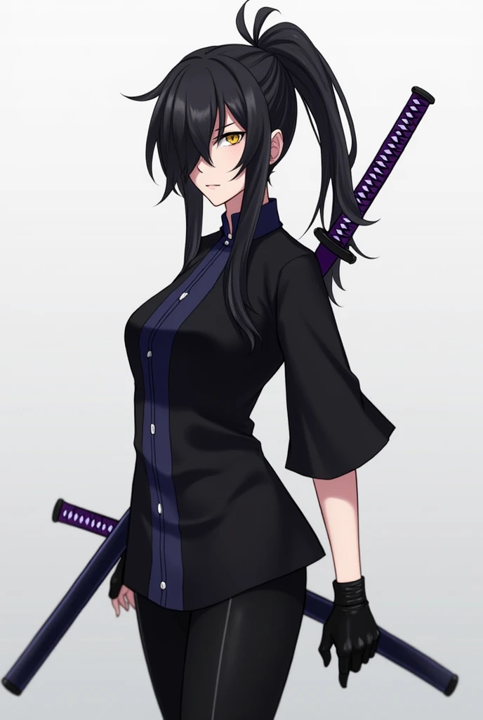 Create a character with black hair covering the left eye a little, a big ponytail, big yellow eyes, black blouse with dark blue shirt, black pants with men's black boots, with a purple-handled katana on his back, and black gloves.
