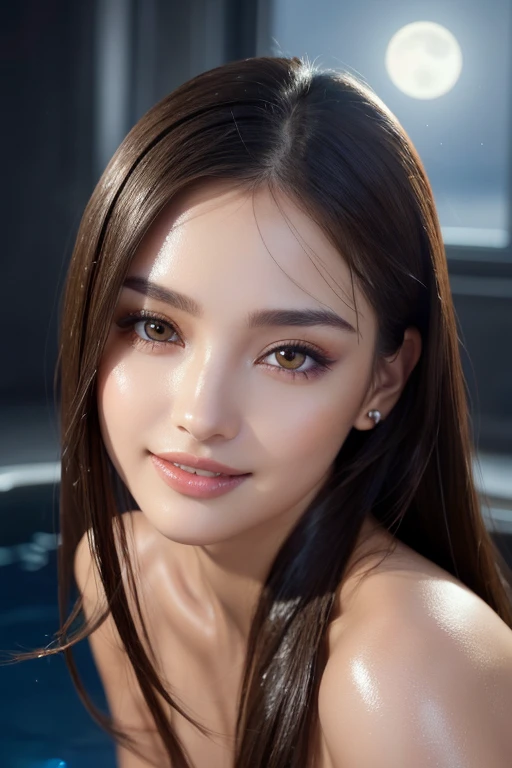 Latex bodysuit、Knee-high boots、Huge 、Long brown hair、Shiny, Oily skin、Glowing Skin、Indoor competition pool、White skin、Kimono beauty, Body Portrait, 8k, Narrow and beautiful eyes, Dindal effect, masterpiece, 最high quality, high quality, High resolution, Very detailed photos, (Natural skin texture, Fine skin, Hyperrealism, Ultra Sharpness) , Skin with attention to detail, (Very fine, Fine skin texture, Intricate details, Beautiful Face, (Realistic Face), Realistic eyes, Beautiful and detailed eyes, Realistic Skin, Beautiful Skin, surreal, Very detailed, Golden Ratio, Smiling Eyes, ((Night moonlight background) )), Body Portrait,  Sexy body, glamorous, Shiny Bodysuit,
Wet,