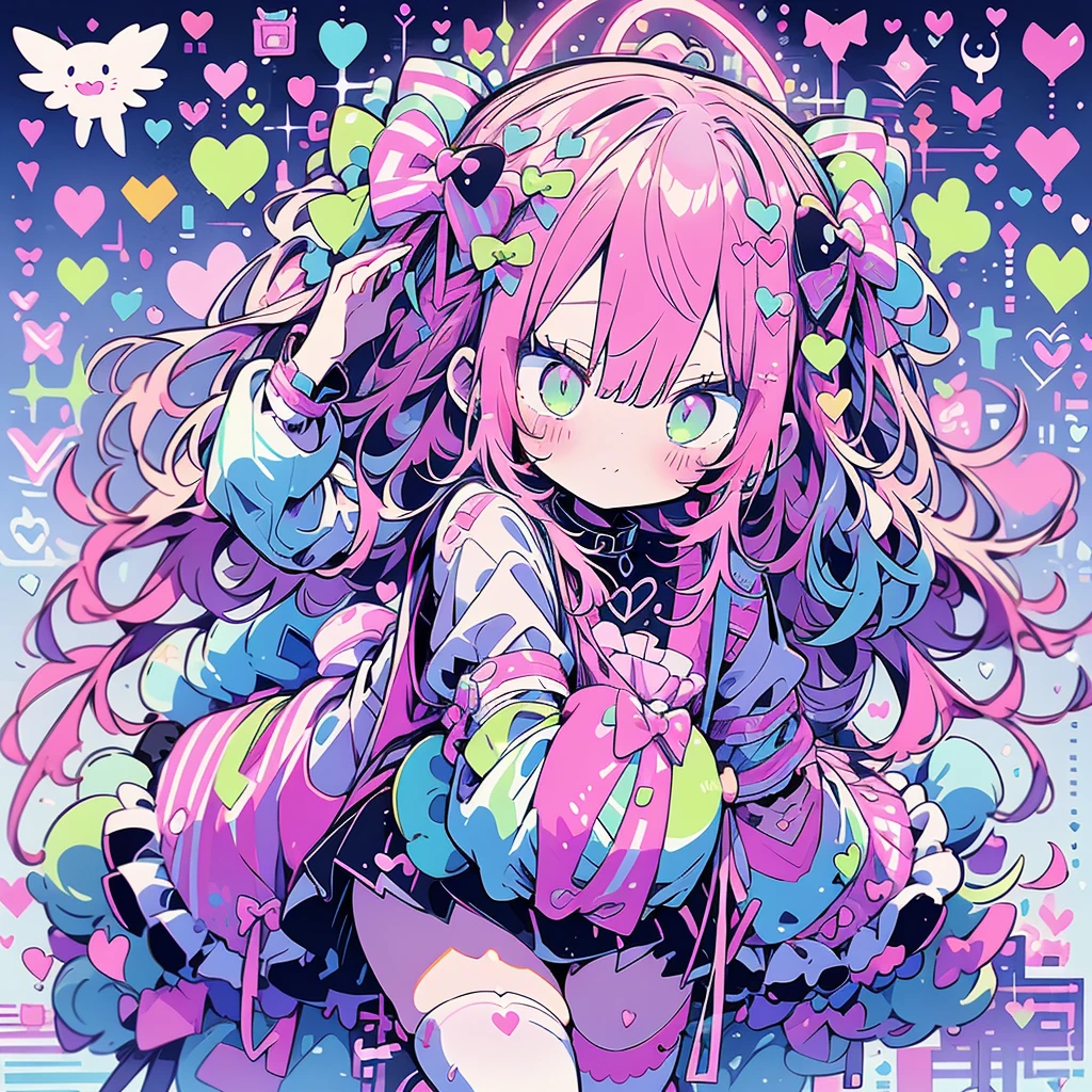 cute anime girl, pastel goth, bunny ears, bright pink and mint green mesh hair, white harajuku gothloli outfit, pink accessories, angel halo, holding chains, striped stockings, kawaii horror, vibrant colors, detailed vector art, playful and creepy, speech bubbles, organized chaos